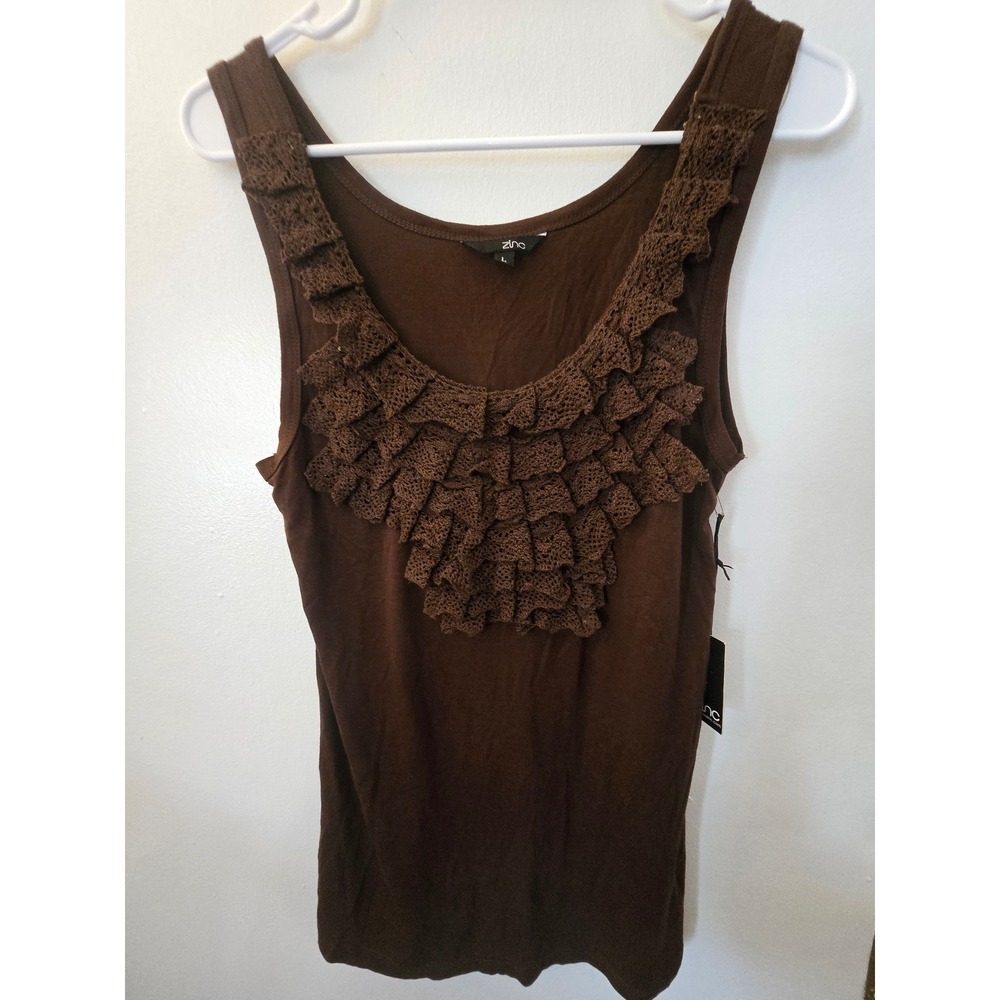 Zinc Brown Crochet Ruffle Bib Tank Top Sleeveless Rayon Blouse size Large